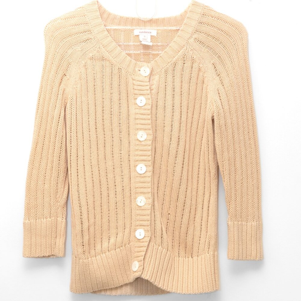 Sundance Cardigan Sweater Linen Cotton 3/4 Sleeve Knit Beige Yellow Size Small
